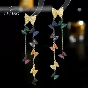 Elegant Zircon Inlaid Face Shaping Long Drop Earrings with Flowing Tassels and Dancing Butterfly Design Sparkling Party Jewelry Gift for Women
