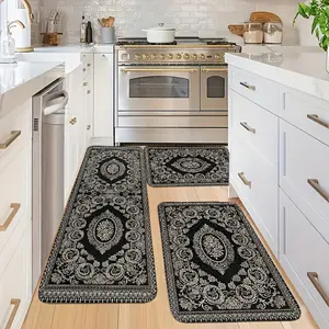 3pcs Black & White Kitchen Rugs - Elegant Intricate Floral Pattern, Soft Washable Flannel Non-Slip Mats for Bedroom, Bathroom, Dining & Laundry kitchen carpet