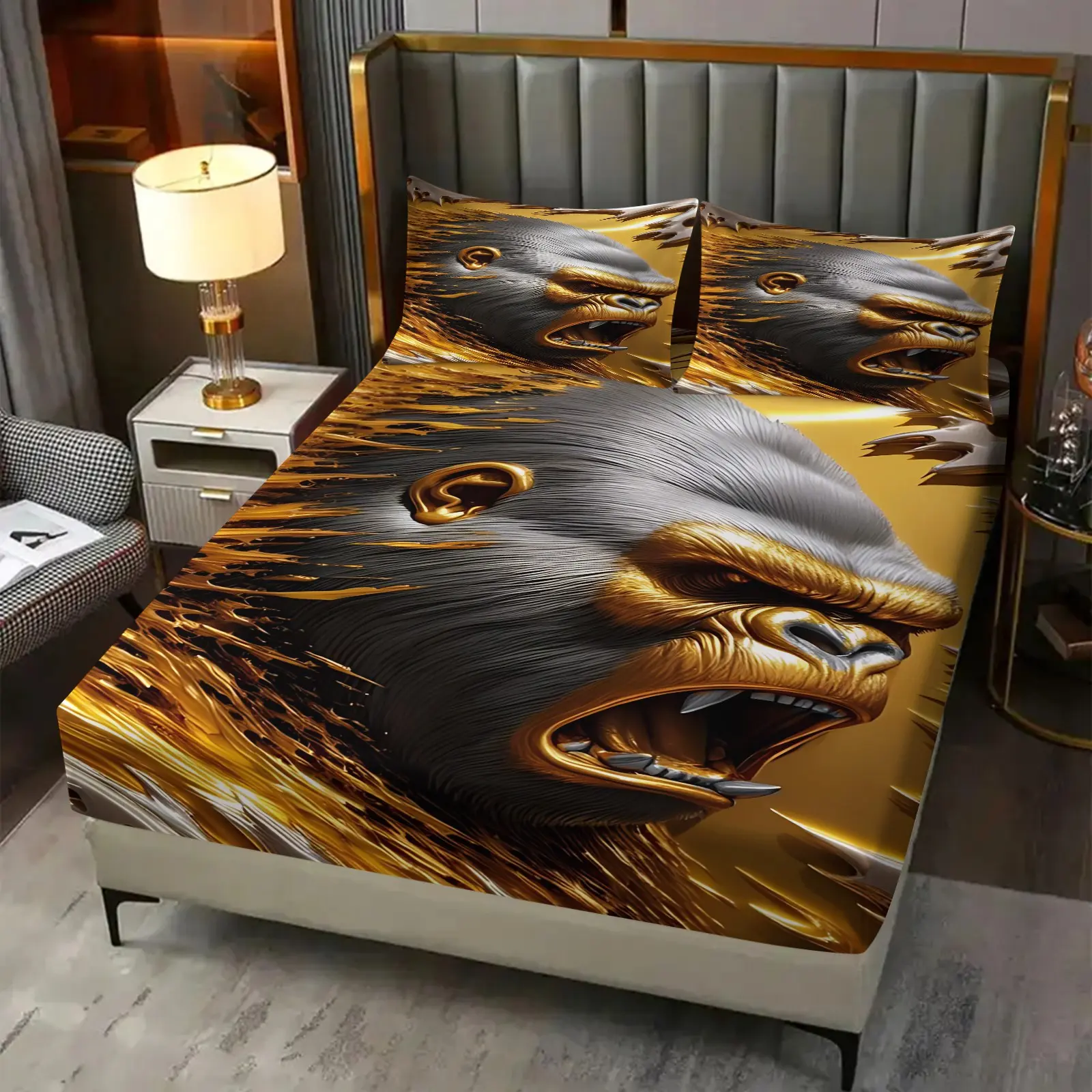3Pcs Gorilla Head Themed Fitted Sheet Set, Metallic Gold and Silver Abstract Bedding, Fierce Gorilla Design with Intense Expression, Perfect for Stylish Bedroom Makeover and Eye-Catching DécorIncludes 2 Pillowcases, No Pillow Core