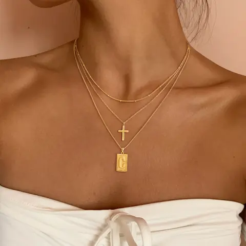 Women's Personalized Unique Letter Cross Design Layered Dainty Gold Pendant Necklace Set - Versatile, Hypoallergenic, Durable, Removable Trendy Costume Jewelry from A-Z Jewelry, Ideal Gift