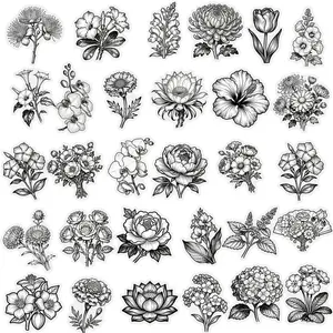 56 Black and White Plant and Flower Transparent PET Stickers, Suitable for Waterproof Decoration and DIY Creative Stickers for Suitcases, Phone Cases, Laptops, Helmets, Skateboards.