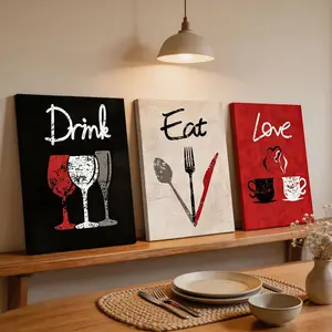 3pcs High-Quality Framed Canvas Paintings, Love Drink Food Posters, Retro Style, Background, Home Decor for Living Room, Bedroom, Kitchen