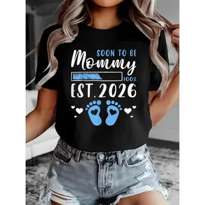 Women's Cotton Blend Short-Sleeve Round Neck Loose Fit T-Shirt - Casual Comfy Fashion Sporty Sports Top, Est.2026 Expecting Lady Clothes for Spring & Summer Sports & Outdoor Wear, Black