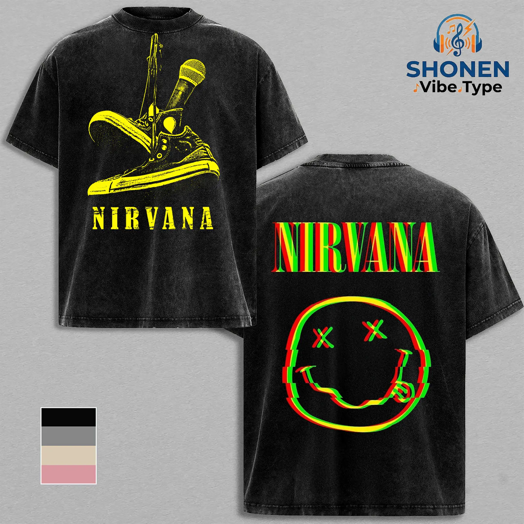 Nirvana Glitch Smiley Face Vintage Acid Wash Tee & Hoodie, Oversized Heavyweight Pullover Sweatshirt, 90s Grunge Rock Band Merch, Streetwear for Men, Retro Alternative Music, Gift For Fan