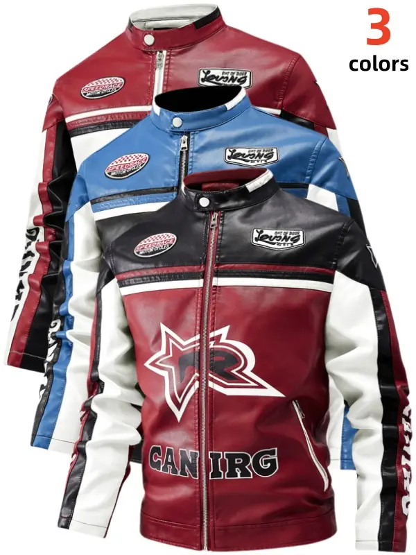 Men's Stand Collar Faux Leather Racing Jacket, Color Block Letter & Star Graphic Moto Coat, Full Zip Long Sleeve Biker Outerwear, Vintage Streetwear Motorcycle Jacket For Youth Driving Street Fashion Daily Outfits