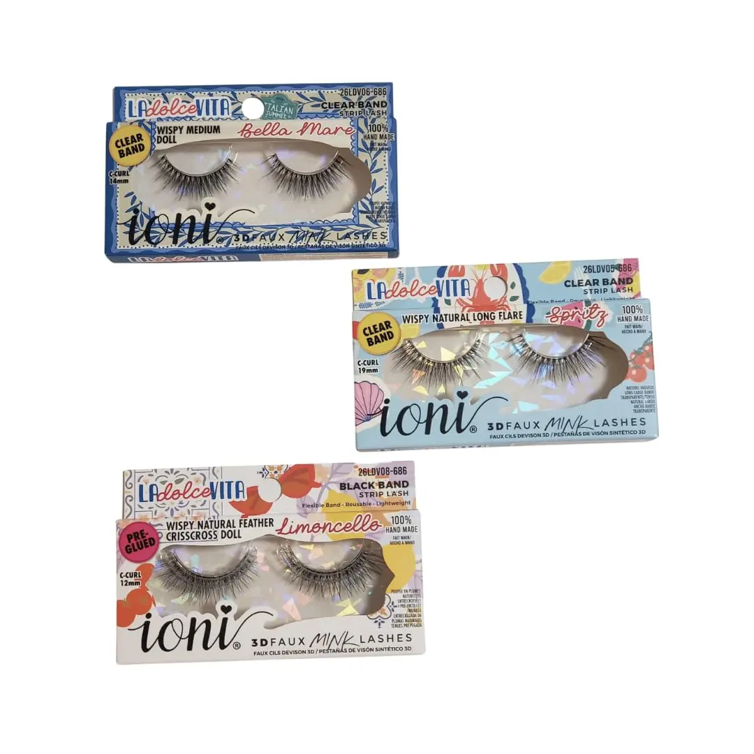 IONI La Dolce Vita 3D Faux Mink Lashes 3 Pair Set, Assorted Styles, Handmade Vegan False Eyelashes, Mixed Clear Band & Pre-Glued Styles, Bella Mare, Limoncello, Spritez