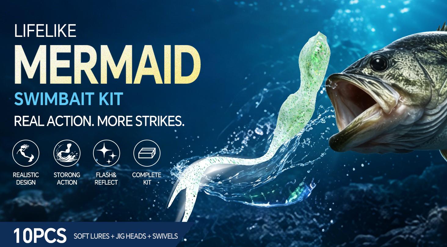 POWJOY Mermaid Soft Fishing Lures, 10PCS Swimbaits with Ultra-Thin Tail, Realistic Bionic Soft Plastic Lures with Flash for Bass Trout, Freshwater Fishing Lure Kit with Jig Heads & Swivels