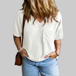 5XL Plus Size Textured V-Neck Dropped Shoulder T-Shirt with Chest Pocket Loose Fit for All Ages 75% Polyester 20% Viscose 5% Elastane Womenswear - Top