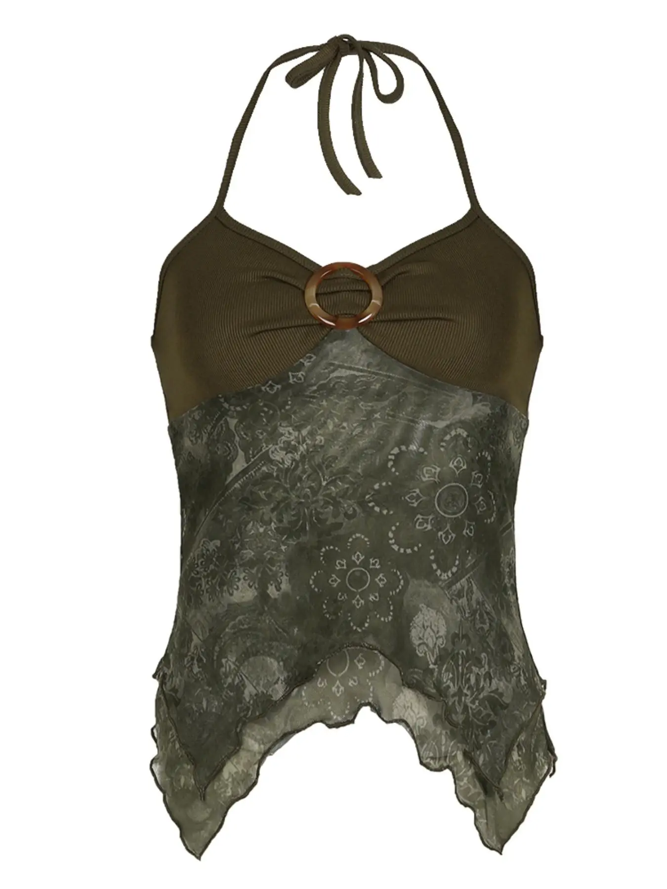 Women's Patchwork Floral Print Ruched Asymmetrical Hem Halter Top, Vintage Lettuce Trim Tie Backless Top for Summer, Women's Clothing for Daily Wear