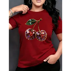 100% Cotton Women's T-Shirt, Multiple Colors Available, Cherry Pattern Fashion Casual Women's T-Shirt, Short Sleeve Round Neck Top, Birthday Gift, Travel Vacation, Party, Sweet and Elegant