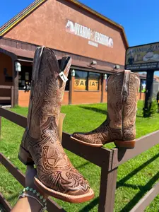 Men's Leather Footwear, Wide Square Toe Brown Boots with Hand-Tooled Horseshoe Print