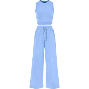 Summer Outfits For Women 2026 Cropped Sleeveless Tank Tops Wide Leg Pants 2 Piece Sets Beach Lounge Set Clothing
