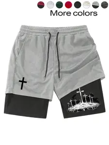 Men's Two-Piece Layered Shorts, Graphic Print Shorts, Cross Print & Tombstone Design, Breathable Mesh Fabric, Elastic Waist Drawstring, Street Style Gym Workout Summer Walk Casual Party Wear