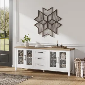 Garvee Farmhouse Wood Entertainment Center for 70 Inch Screens with 2 Storage Doors and 3 Drawers, Mid Century Modern Console Table for Living Room and Bedroom