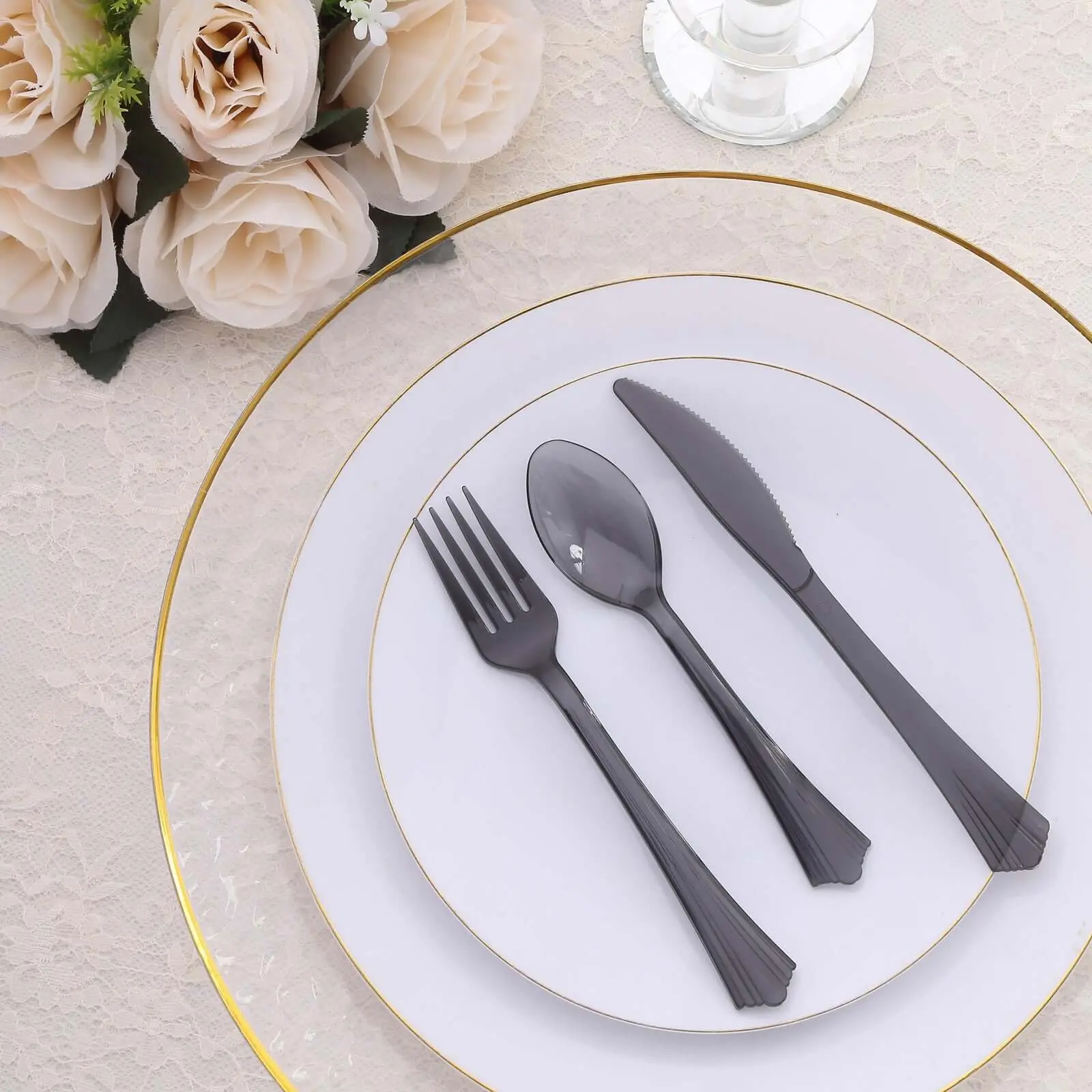 Heavy Duty Disposable Plastic Cutlery Set, 24-Pack 7 in Transparent Black with Fan-Flared Tip Handle, Disposable Tableware Supplies for Home & Parties