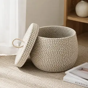 Round Cotton Rope Storage Basket with Lid, Multi-Use Desktop Organizer, Dustproof Container for Snacks, Cosmetics, Eggs, Living Room, Bedroom