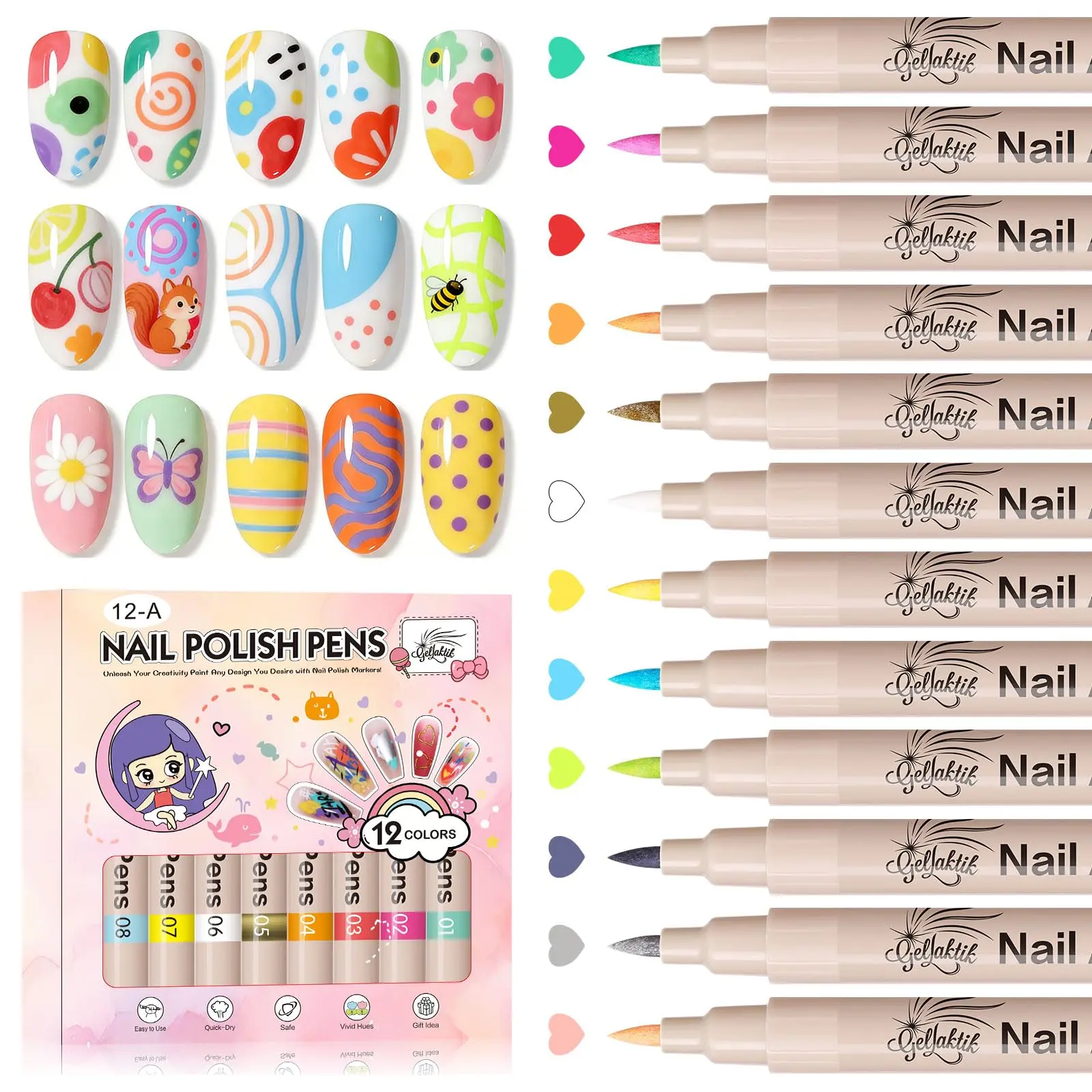 Nail Art Pens Set, 3D Nail Polish Pens, Quick-Drying Acrylic Paint Markers, 0.7mm Dotting Painting Liner Brush for DIY Nail Design, Home & Salon Manicure Tools