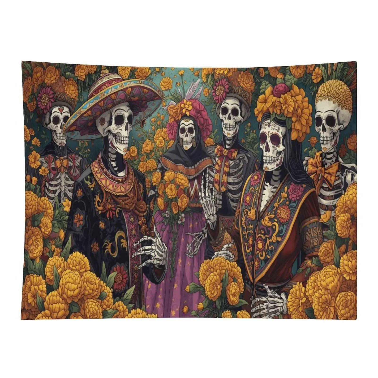 Day Of The Dead Sugar Skull Wall Tapestry, Mexican Marigold Flower Folk Art, Teal Background Home Decor for Halloween Fiesta Party, Room Decor
