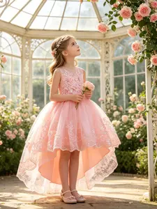 Girls' Embroidered Sequin Wedding Dress, Sweet Princess Gown, Long Train Party Dress, Embroidery Dress, Birthday Event, Show Host, Piano Performance