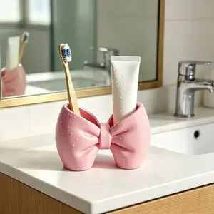 Cute Bow Toothbrush Holder, Plastic Independent Design, Bathroom & Bedroom Decor, No Installation Needed, Pen Holder Included