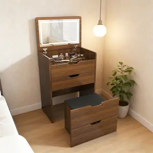 3 in 1 Small Vanity Desk with Flip Top Lighted Mirror for Bedroom, Small Compact Vanity with Visible Glass Desktop for Cloakroom, Makeup Vanity Set with 3 Drawers, Cushioned Stool, Walnut + Black Cushion
