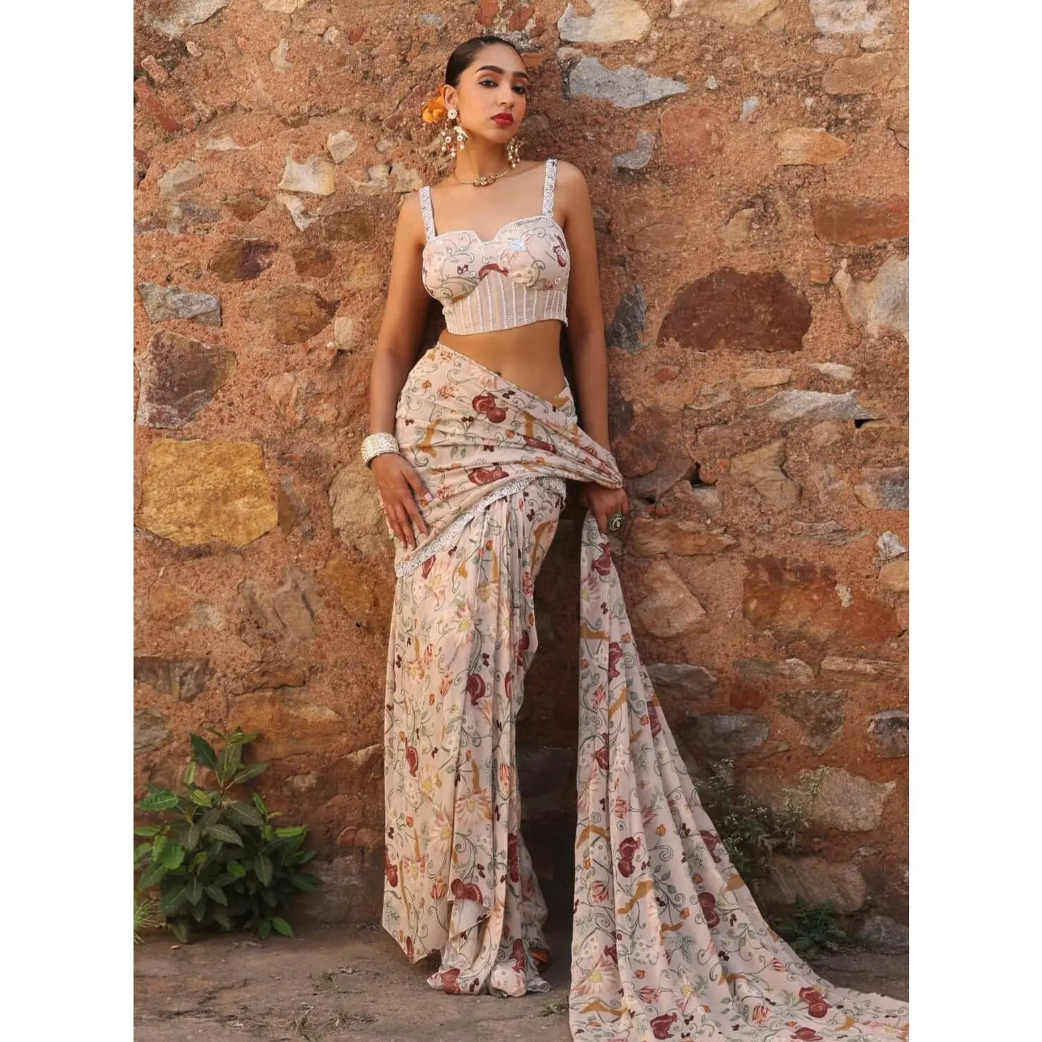 Misha blush pink printed draped skirt sari and choli