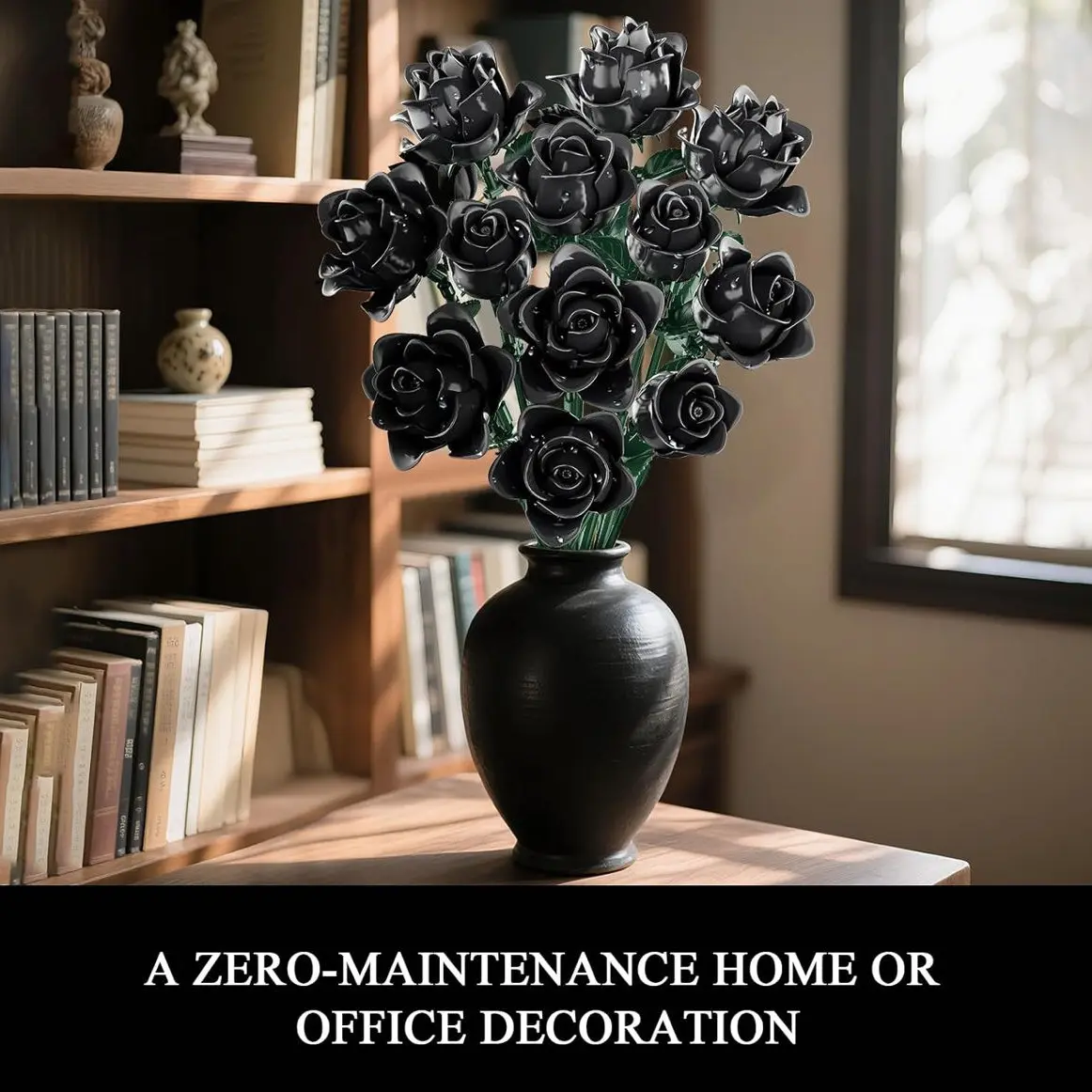 585+ Bead Gothic Black Rose Arrangement Set Realistic Floral Bouquet Plant Display Office Desk Ornament Home Decorative Flower Ideal Gift for Women Top Choice for Valentine's Day, Birthday, and Christmas Gifts