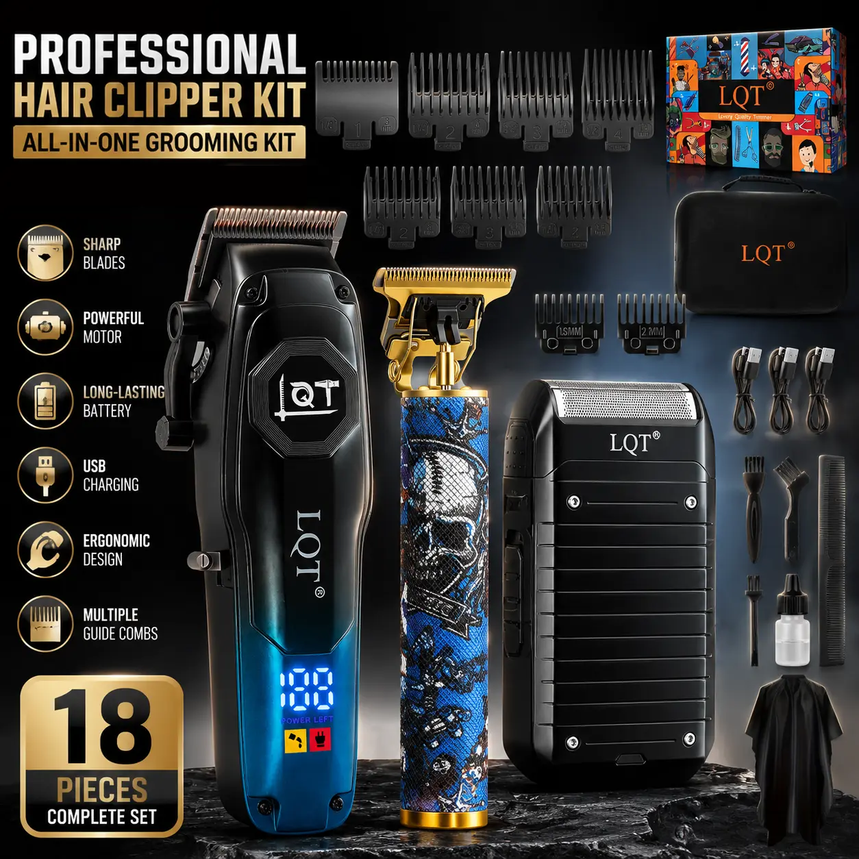 Men's 3-in-1 Professional Cordless Barber Kit - Hair Clipper Set with Trimmer, Foil Shaver, LCD Display, Powerful Motor, Sharp T-Blade, Rechargeable Grooming Tools for Hair, Beard