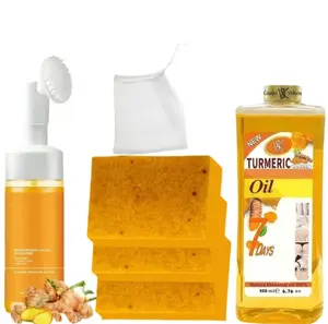 Turmeric Glow Skincare Set – 3 Turmeric Soaps + Turmeric Oil + Face Cleanser | Dark Spot Remover, Acne Control, Skin Brightening & Glowing Face Kit