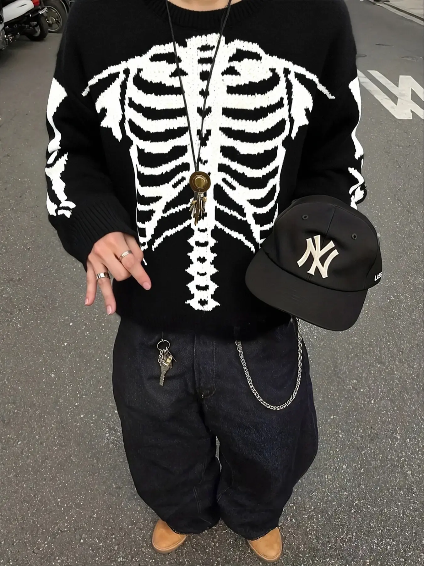 Men's Dark Skull Embroidered Knitted Long Sleeve Sweater, Street Style Knitwear, Comfortable and Warm, Casual Fall & Winter Fashion Essential