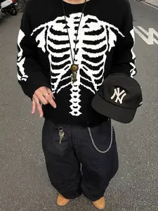 Men's Dark Skull Embroidered Fitted Long Sleeve Sweater, Street Style Knitwear, Comfortable and Warm, Casual Fall & Winter Fashion Essential