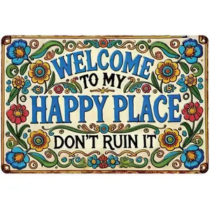 Welcome to My Happy Place Floral Vintage Boho Metal Sign Print Aesthetic Room Decoration for Home Bedroom Dorm Bathroom Wall Decor 8X12 inch