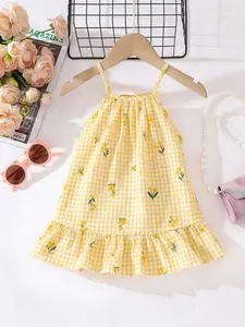 Baby Girls Summer Strapless Dress, Plaid Floral Sweet Ruffle Hem Sleeveless Dress, Casual Daily Wear Vacation Style