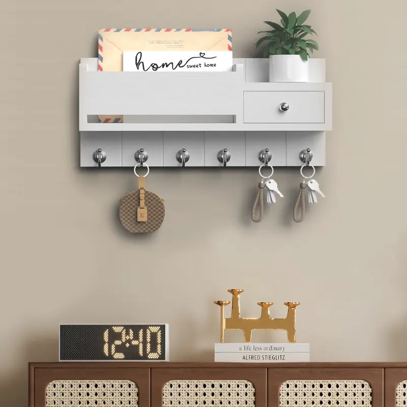 Wall Mounted Key Holder, 1 Count Decorative Key and Mail Holder with Shelf, Wooden Key Hanger with Mounting Hardware for Home Office, Includes Hooks, Hanging, Decorative Hooks, Convenient Hook