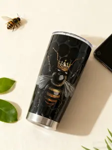 Crystal Queen Bee Crown Tumbler 20oz Stainless Steel Double-Wall Vacuum Insulated Travel Mug BPA-Free Spill-Resistant Lid Blue & Gold Floral Accents for Boss Babes & Bee Lovers