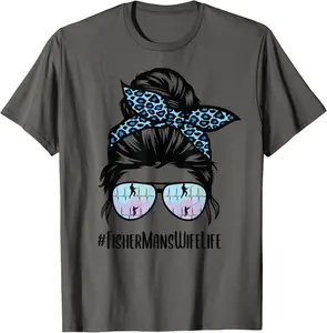 Fishermans Wife Life Messy Bun Fisher man Wife Life T-Shirt - Janessaho Shop 87B09MJ3Y72K
