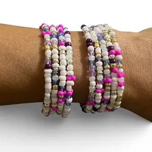 Glamberry Ice Multilayer Stack 8mm Glass Bead Memory Wire Wrap Bracelets One Size Fits Most Durable Lightweight Multi-Strand Variety of Colors Chic Boho Black Stainless Steel Shades of Purple Pink Blue White Silver and Gold