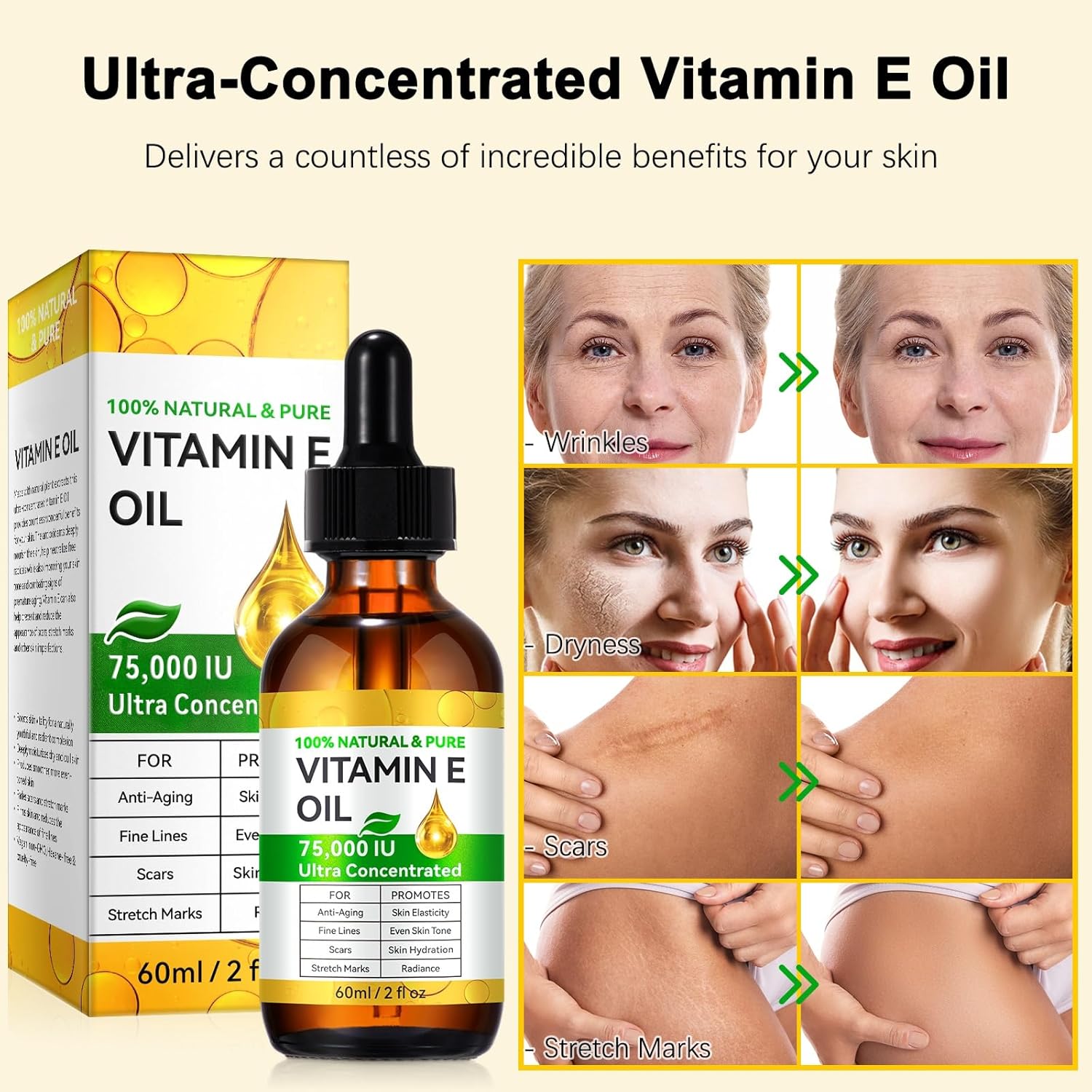Pure Vitamin E Oil 75,000 IU Multiuse Oil - Unscented Body Care, Face+Body Use Moisture, Skin Repair for Dry Skin, Scars, Nail Care, 2 fl oz