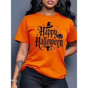 100% Cotton Women's Halloween T-Shirt - Happy Halloween Pattern T-Shirt with Pumpkin, Bat, etc. Designs - Bright Orange Party Outfit, Machine Washable, Seasonal Fashion, Festive Outfit, Easy Design, Non-Transparent Pad