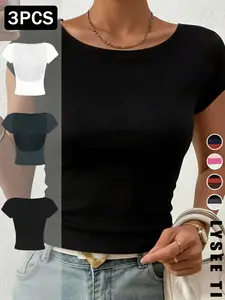 Women's Solid Backless Tee, Casual Fashion Short Sleeve T-shirt for Summer, Ladies Clothes for Daily Wear Womenswear Fit