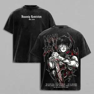 Unisex couple T-shirts Maki Zenin Jujutsu Kaisen T-Shirt – Vintage Washed Oversized Anime Tee, Dark Aesthetic Maki Manga Graphic Shirt, Heavy Cotton Unisex Streetwear JJK Merch, Fall Outfit Anime Gift