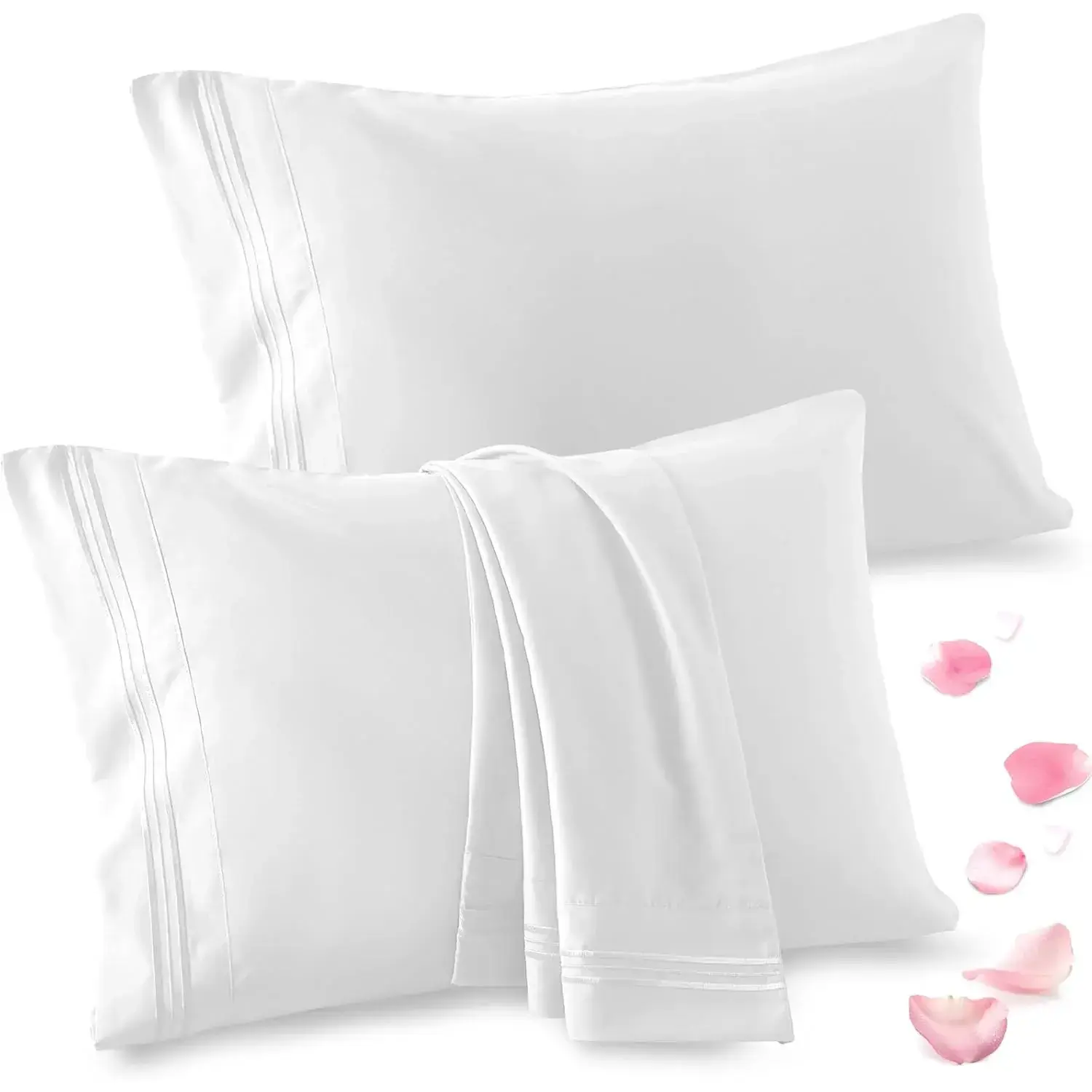 2 Pack Queen Pillow Cases - 20x30 Inch, 1800 Thread Count Microfiber Pillowcases Queen Size White Pillow Cases Luxury & Soft Embroidered Bed Pillow Covers with Envelope Closure