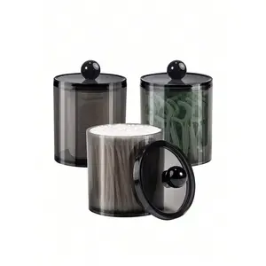 1pc Transparent Storage Box For Cleaning Rod, Round Pad And Dental Floss Pick - 10oz Clear Plastic Jar Set, Suitable For Bathroom And Dressing Table Storage And Organization, Black Night Stand Makeup Storage Box,Living Room Decor Pen Holder Storage Box
