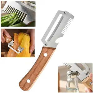 Multi-Functional Kitchen Peeler, Chef's Fruit Tool, 3-In-1 Wooden Handle Peeler & Bottle Opener, Ideal for Potatoes, Carrots, Pumpkins, Apples