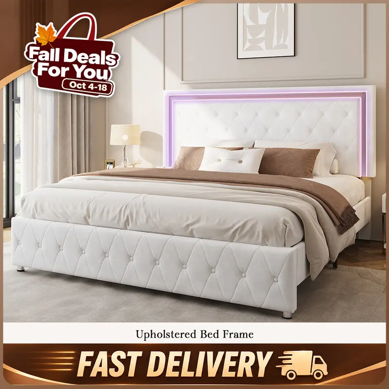 【Bed Frame Only】VanAcc LED Bed Frame with Led Lights Adjustable Headboard Velvet Button Tufted/Acrylic Mirror Accents, No Box Spring Needed/Christmas Gift #TikTokShopFallDealsForYou