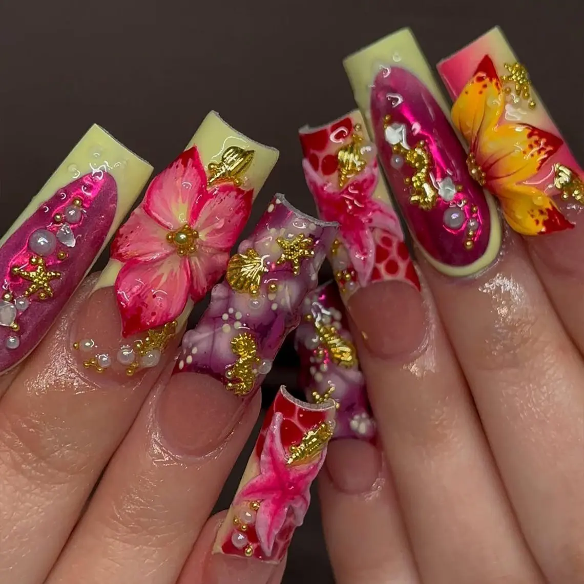 Tropical Sunset Bloom Press On Nails | 3D Hibiscus Flower Nail Art | Gold Accent Summer Nails | Pink & Yellow Ombre Press Ons