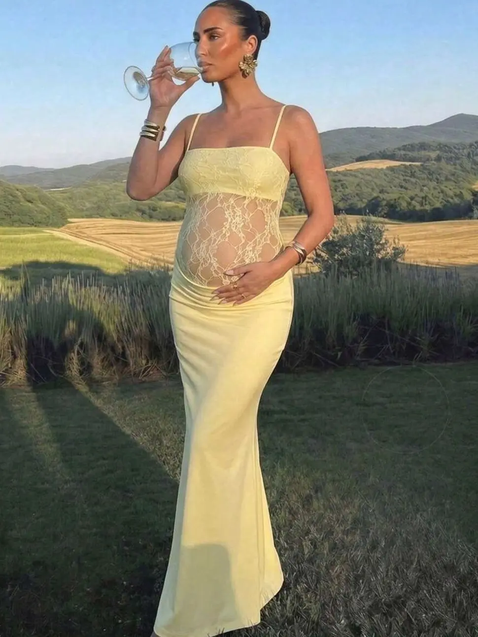 Maternity Lace Spaghetti Strap Fishtail Dress for Women, Sheer Belly Pregnancy Photoshoot Gown, Elegant Baby Shower Party Maxi Dress