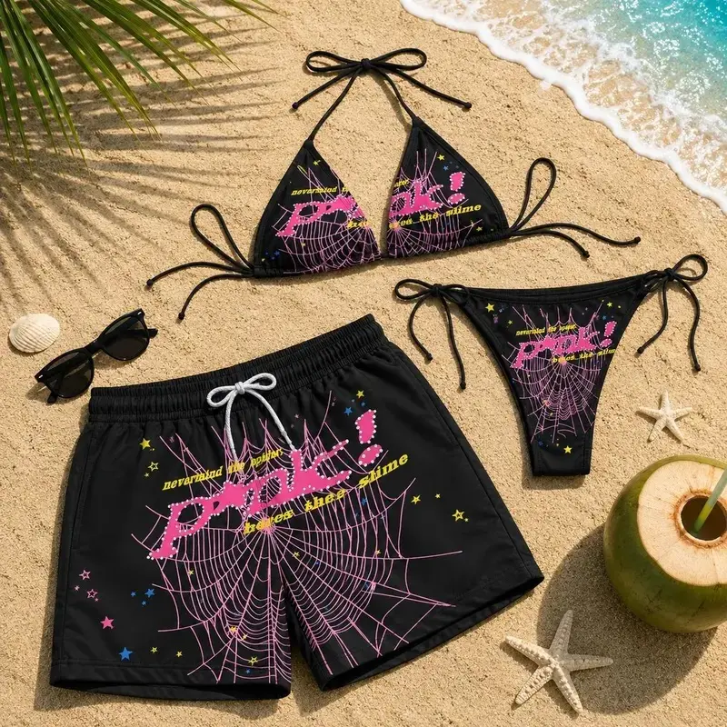 Matching Couple Pink Spider Web Swimwear Set – Y2K String Bikini for Women & Matching Men’s Swim Trunks, Sp5der Web Bikini Set, Beach Vacation Outfit