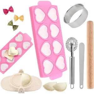 Ravioli Maker Press Ravioli Press Mold Set Heart Ravioli-Stamp Maker Cutter with Wood Rolling Pin, 2.6" Empanada Maker-Press Kit and Ravioli-Wheel, Ravioli-Stamp Making Tools