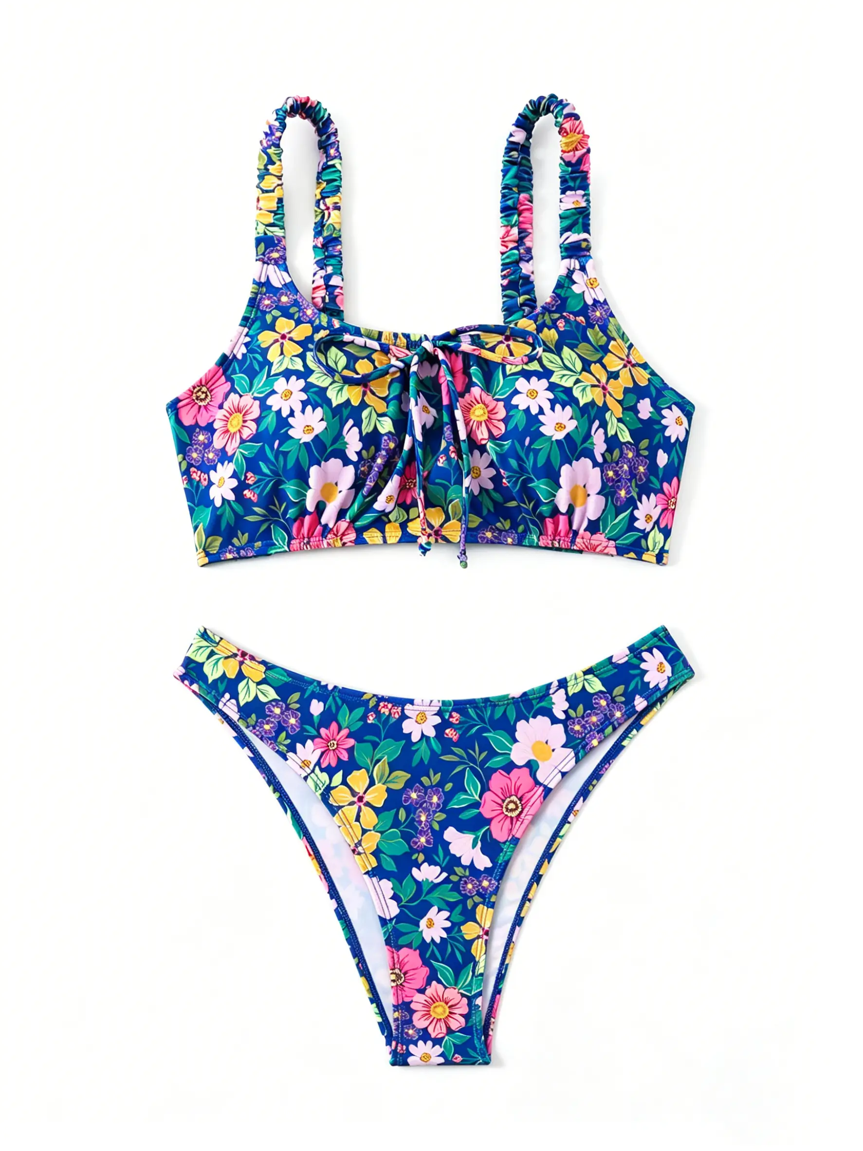 Blue Floral Print High Cut Bikini Set - Square Neck Ruched Strap Drawstring Front Two Piece Swimsuit Bathing Suit, Cheeky Bathing Suit for Women Beachwear
